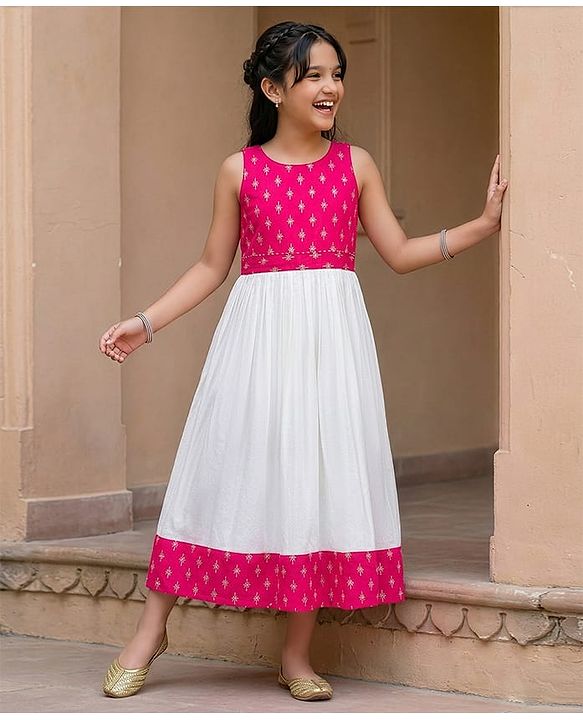Pine Kids 100% Viscose Woven Sleeveless Floral Printed Ethnic Dress - Dark Pink
