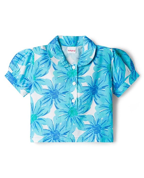 Babyhug Cotton Woven Half Sleeves Floral Printed Top & Skirts Set - Blue