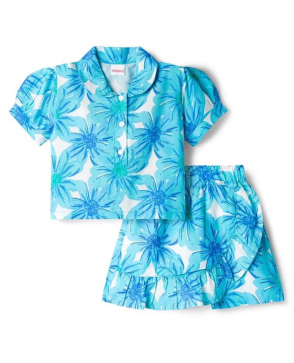 Babyhug Cotton Woven Half Sleeves Floral Printed Top & Skirts Set - Blue