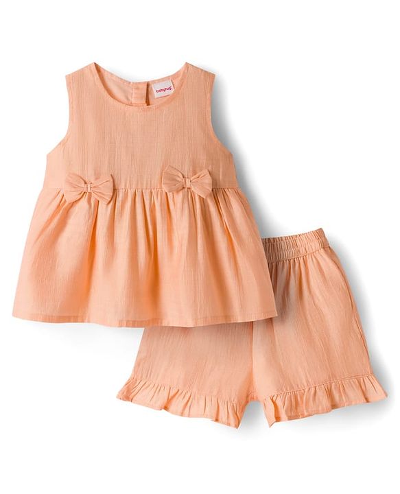 Babyhug Cotton Woven Sleeveless Solid Colour Top with Bow Applique & Shorts Set - Peach