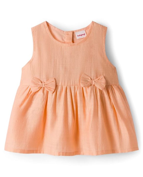 Babyhug Cotton Woven Sleeveless Solid Colour Top with Bow Applique & Shorts Set - Peach