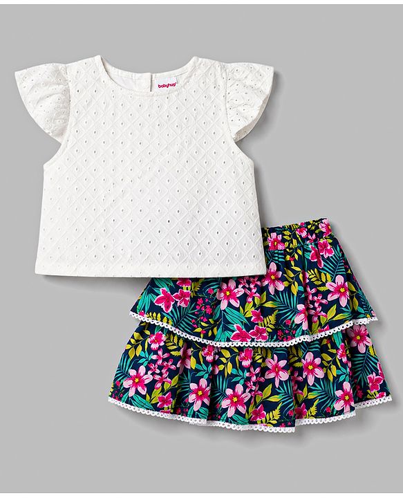 Babyhug Cotton Woven Half Sleeves Top & Layered Skirt Set With Floral Print - White
