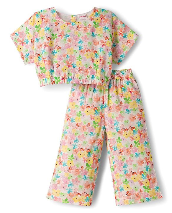 Babyhug Cotton Woven Half Sleeves Floral Printed Co-ord Top & Pant Set - White & Pink
