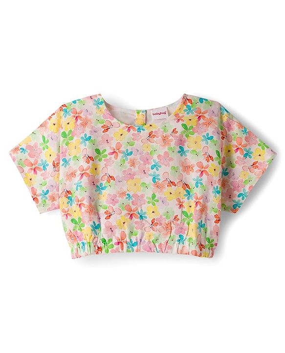 Babyhug Cotton Woven Half Sleeves Floral Printed Co-ord Top & Pant Set - White & Pink