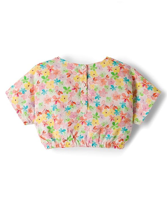 Babyhug Cotton Woven Half Sleeves Floral Printed Co-ord Top & Pant Set - White & Pink