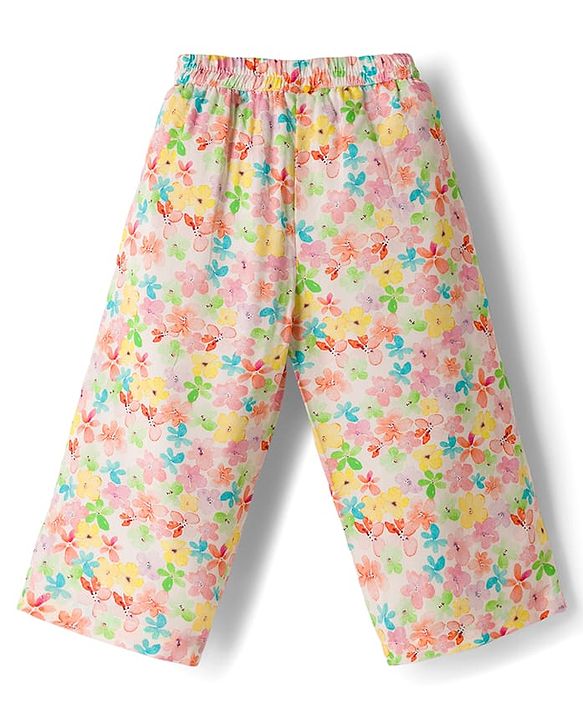 Babyhug Cotton Woven Half Sleeves Floral Printed Co-ord Top & Pant Set - White & Pink