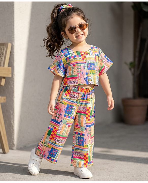 Babyhug Cotton Woven Half Sleeves Top & Lounge Pant Co-ord Set With Floral Print - Multicolor