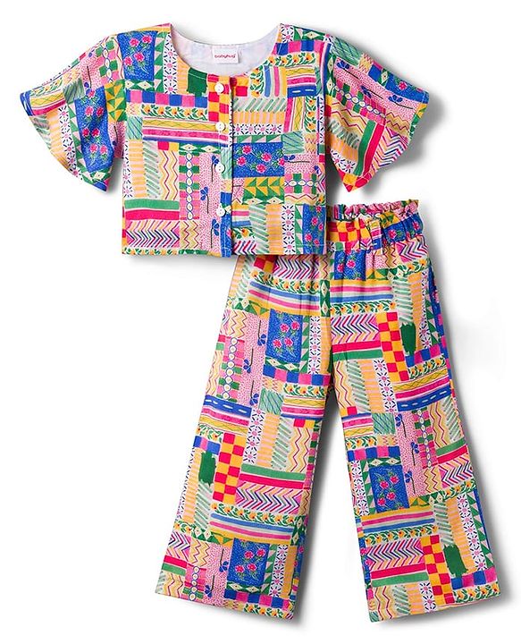 Babyhug Cotton Woven Half Sleeves Top & Lounge Pant Co-ord Set With Floral Print - Multicolor