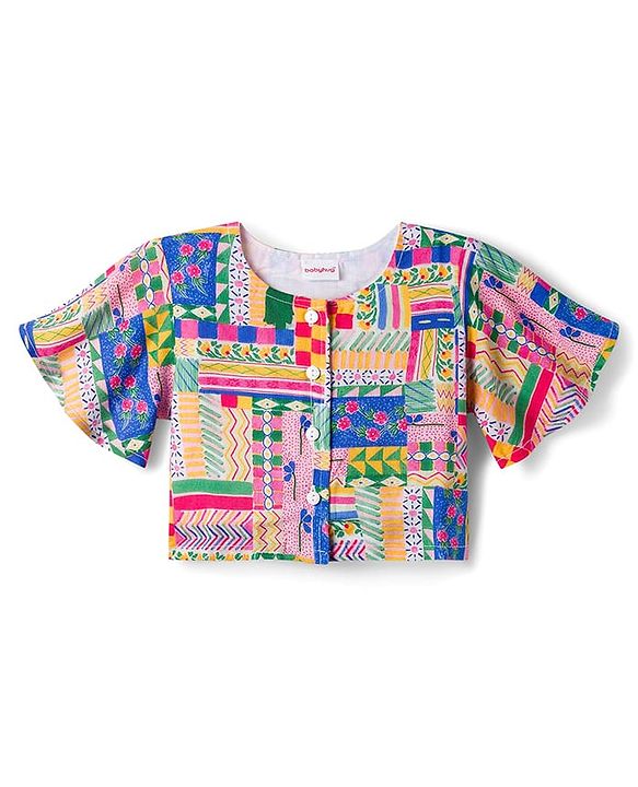 Babyhug Cotton Woven Half Sleeves Top & Lounge Pant Co-ord Set With Floral Print - Multicolor