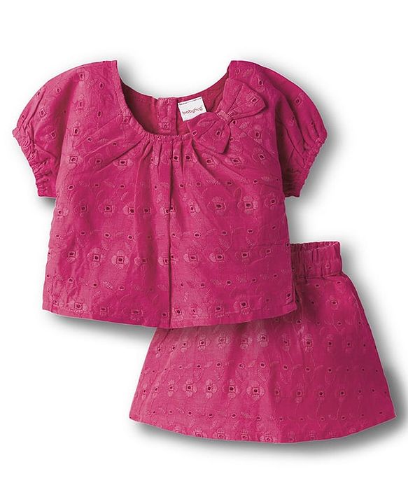 Babyhug Cotton Woven Half Sleeves Co-ords Sciffili Top & Shorts Set with Bow Applique - Fuchsia