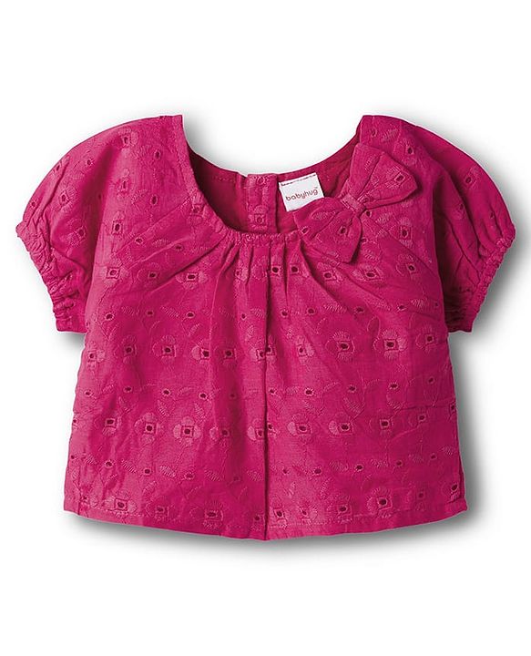Babyhug Cotton Woven Half Sleeves Co-ords Sciffili Top & Shorts Set with Bow Applique - Fuchsia