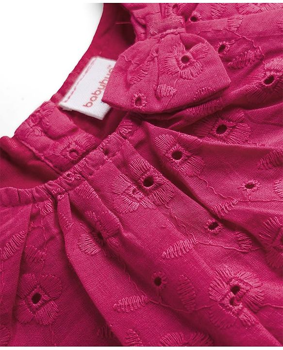 Babyhug Cotton Woven Half Sleeves Co-ords Sciffili Top & Shorts Set with Bow Applique - Fuchsia