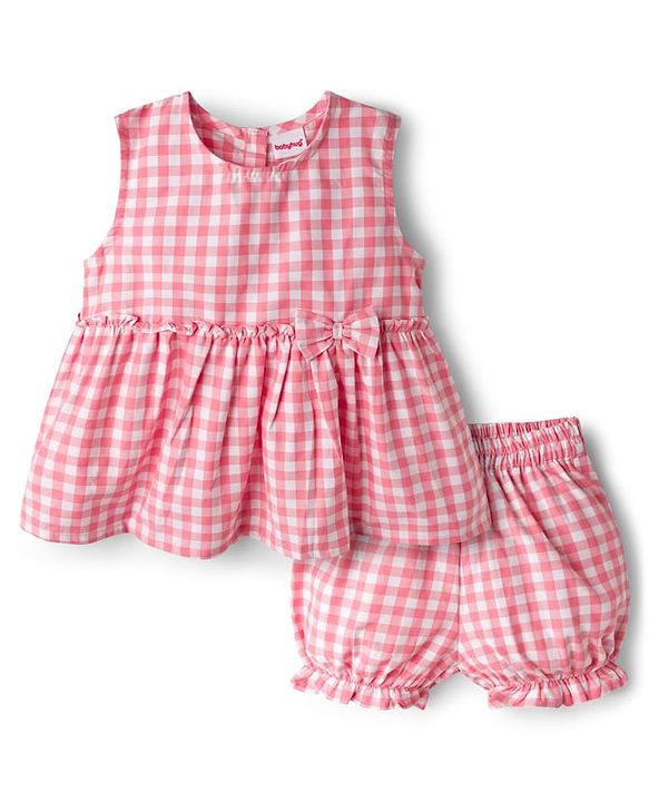 Babyhug Cotton Woven Sleeveless Checks Top & Shorts Co-ord Set - Peach