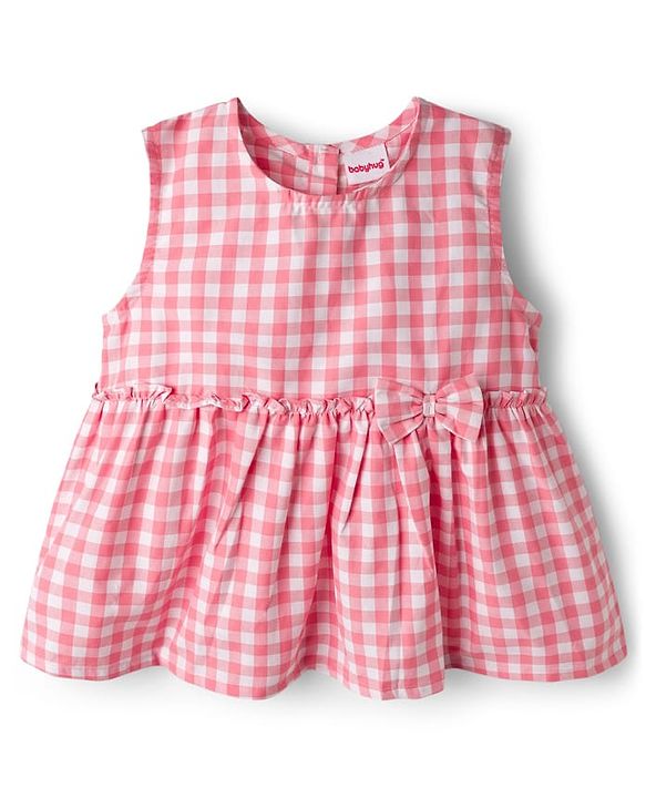 Babyhug Cotton Woven Sleeveless Checks Top & Shorts Co-ord Set - Peach