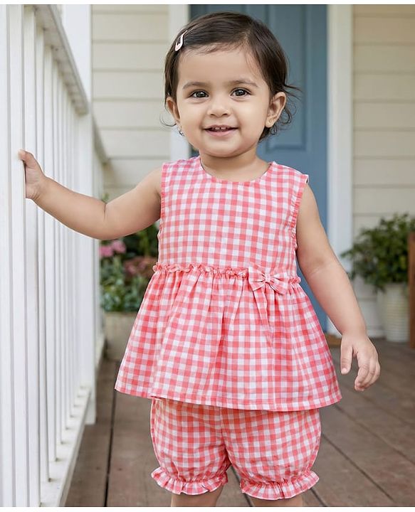 Babyhug Cotton Woven Sleeveless Checks Top & Shorts Co-ord Set - Peach