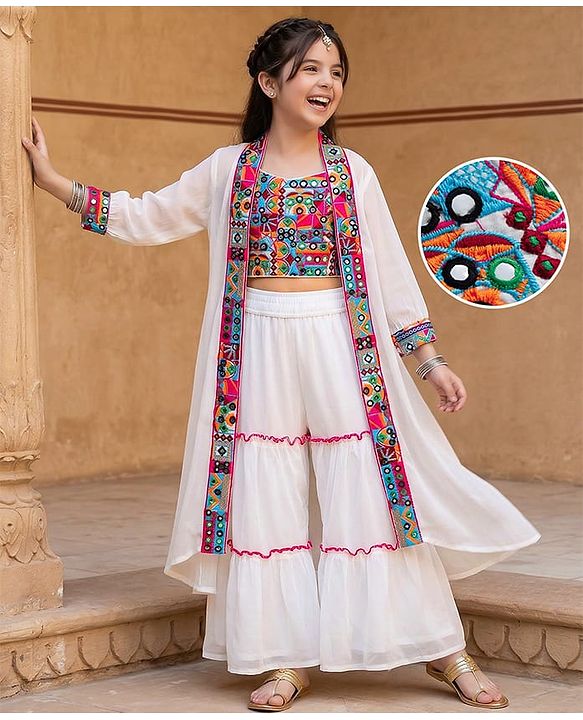 Pine Kids Viscose Woven Full Sleeves Indo Western Set with Embroidery - White