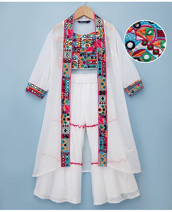 Pine Kids Viscose Woven Full Sleeves Indo Western Set with Embroidery - White