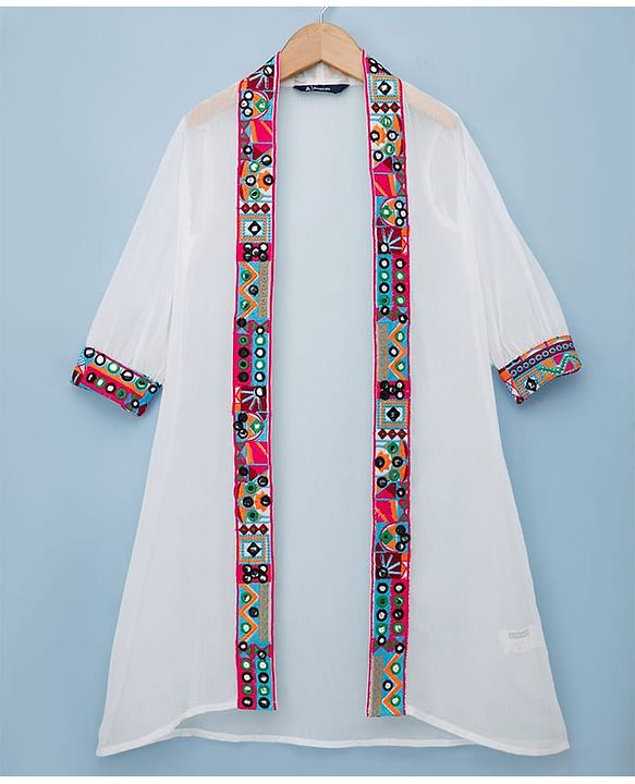 Pine Kids Viscose Woven Full Sleeves Indo Western Set with Embroidery - White