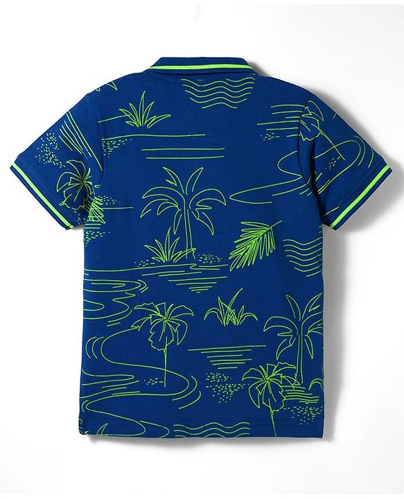 Pine Kids Cotton Knit Half Sleeves Polo T-Shirt with Beach Theme Print - Navy Blue