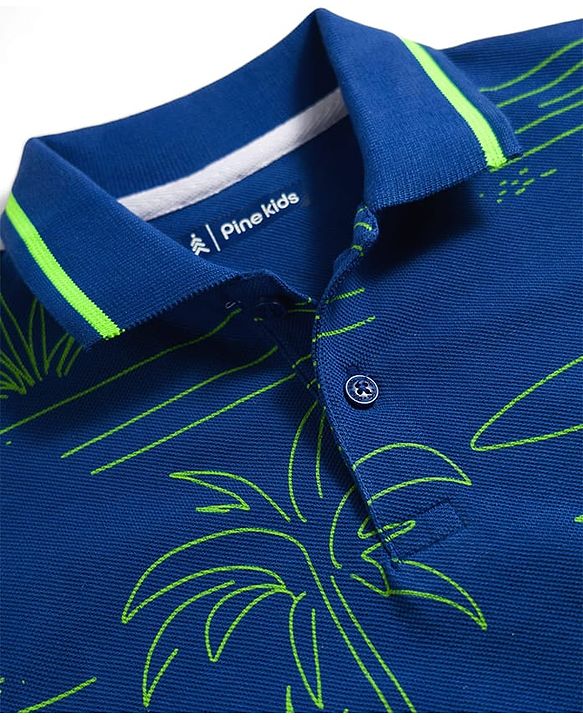 Pine Kids Cotton Knit Half Sleeves Polo T-Shirt with Beach Theme Print - Navy Blue