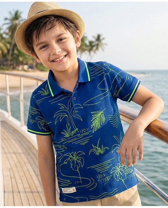Pine Kids Cotton Knit Half Sleeves Polo T-Shirt with Beach Theme Print - Navy Blue