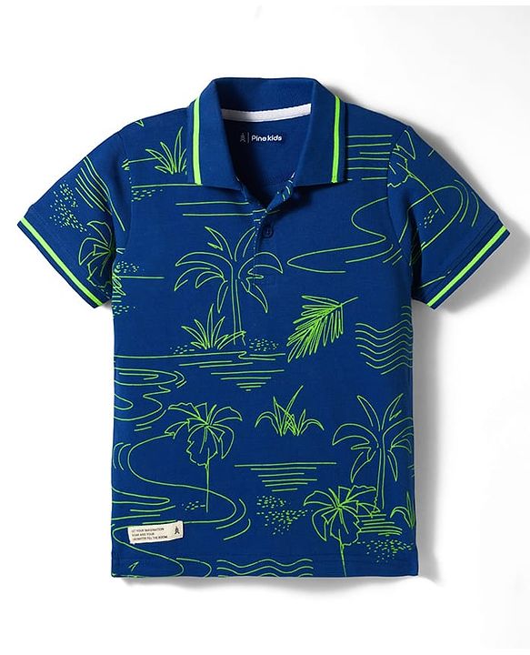 Pine Kids Cotton Knit Half Sleeves Polo T-Shirt with Beach Theme Print - Navy Blue