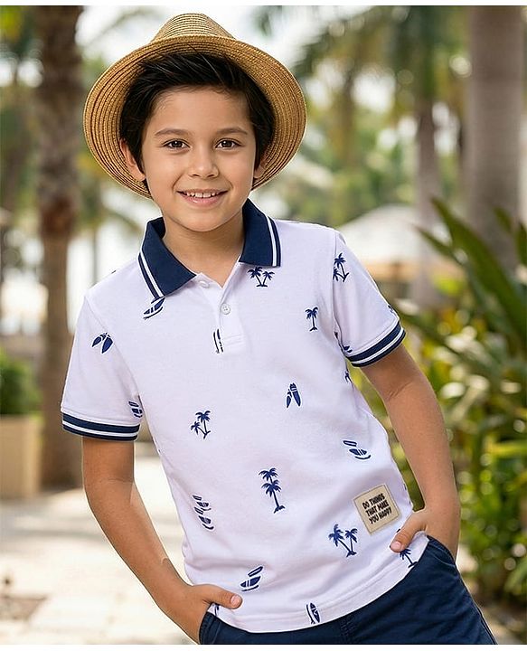 Pine Kids Cotton Knit Half Sleeves Polo T-Shirt with Beach Theme Print - White