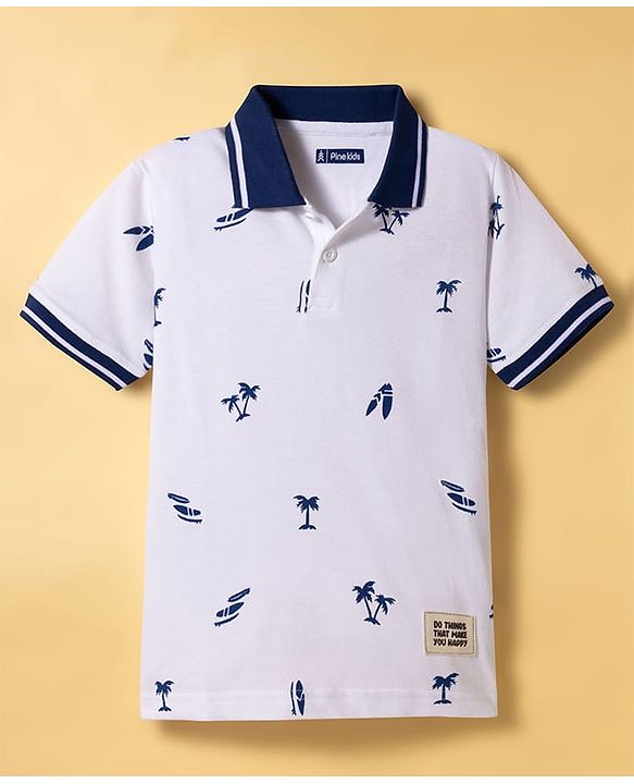Pine Kids Cotton Knit Half Sleeves Polo T-Shirt with Beach Theme Print - White