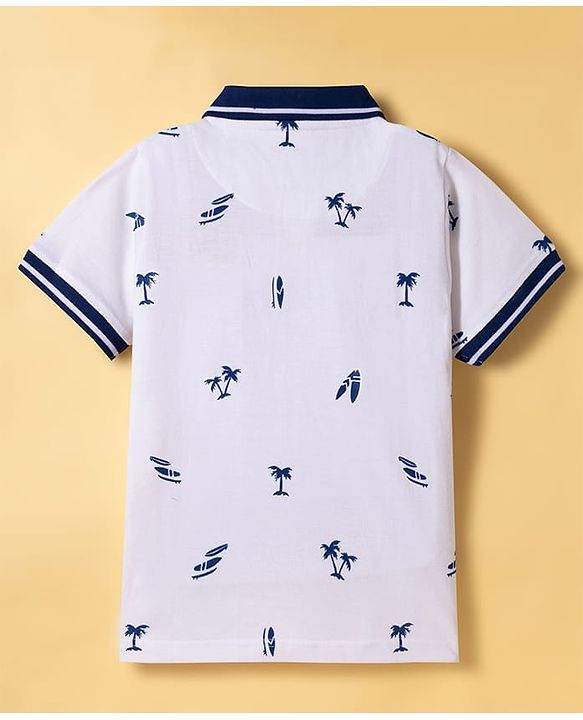 Pine Kids Cotton Knit Half Sleeves Polo T-Shirt with Beach Theme Print - White