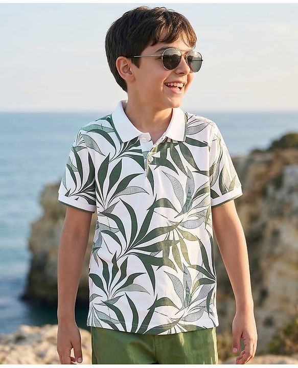 Pine Kids Cotton Knit Half Sleeves Polo T-Shirt with Leaf Print - White
