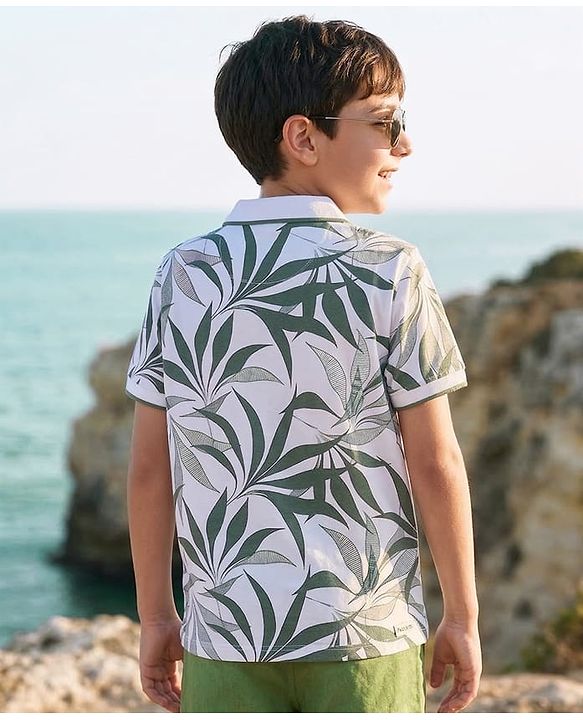 Pine Kids Cotton Knit Half Sleeves Polo T-Shirt with Leaf Print - White