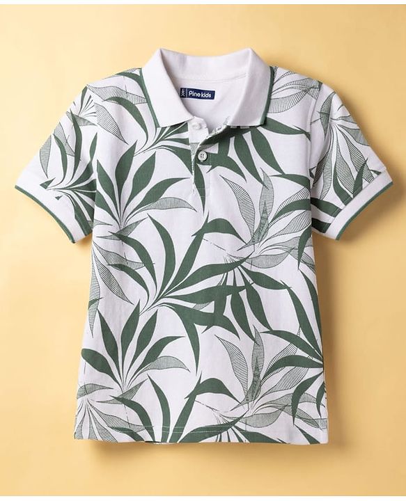 Pine Kids Cotton Knit Half Sleeves Polo T-Shirt with Leaf Print - White