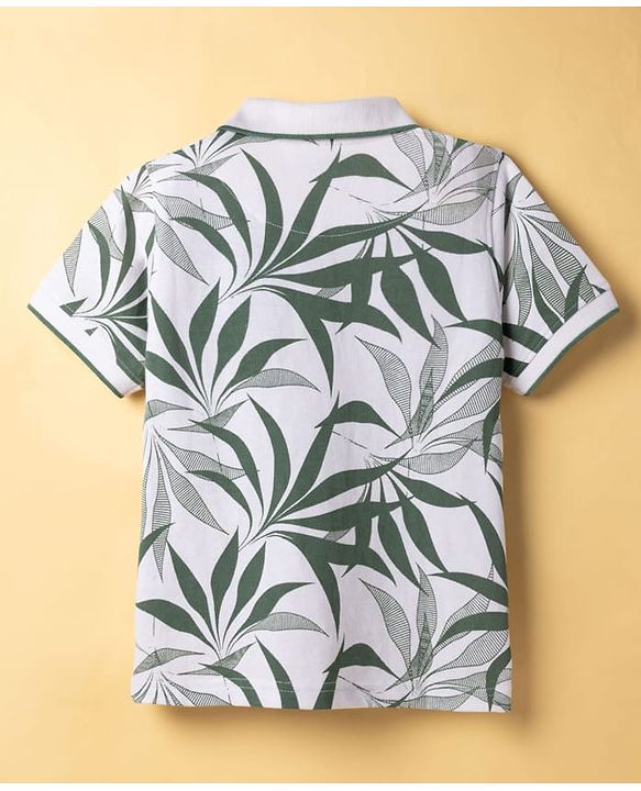 Pine Kids Cotton Knit Half Sleeves Polo T-Shirt with Leaf Print - White