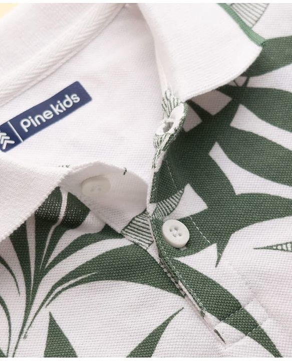 Pine Kids Cotton Knit Half Sleeves Polo T-Shirt with Leaf Print - White