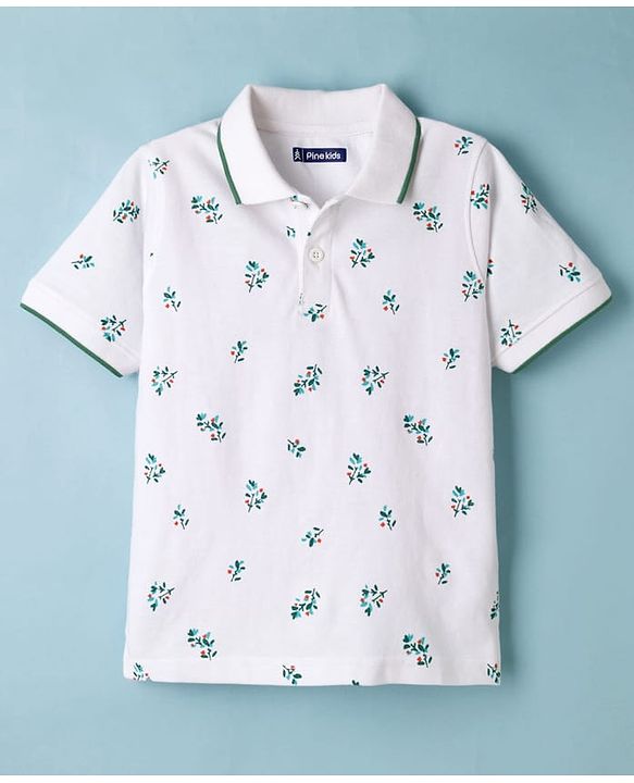 Pine Kids Cotton Knit Half Sleeves Polo T-Shirt with Floral Print - White