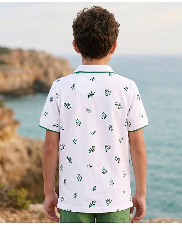 Pine Kids Cotton Knit Half Sleeves Polo T-Shirt with Floral Print - White