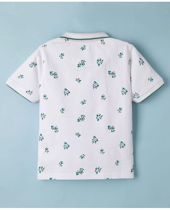 Pine Kids Cotton Knit Half Sleeves Polo T-Shirt with Floral Print - White