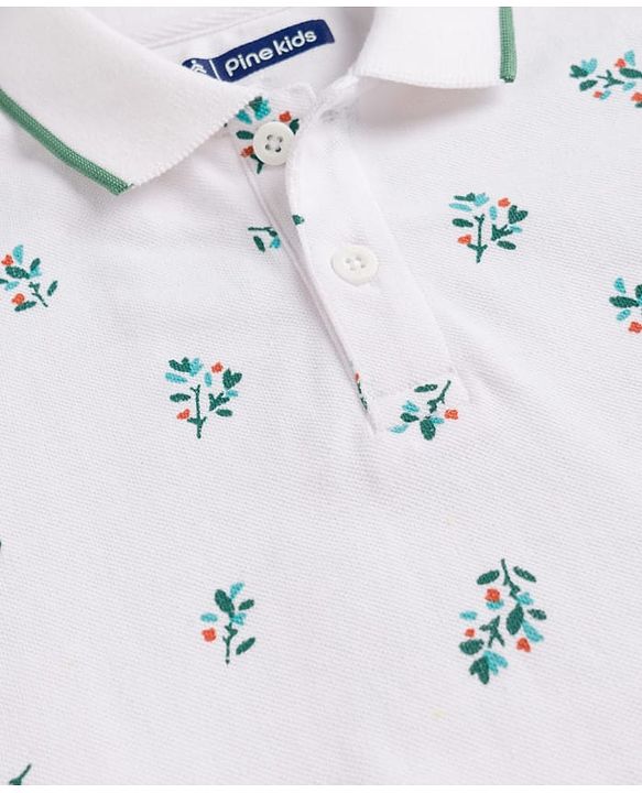 Pine Kids Cotton Knit Half Sleeves Polo T-Shirt with Floral Print - White