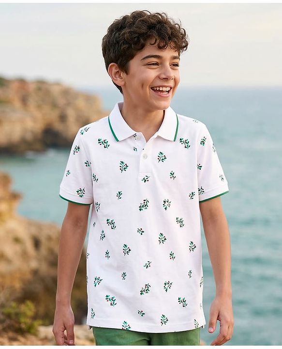 Pine Kids Cotton Knit Half Sleeves Polo T-Shirt with Floral Print - White