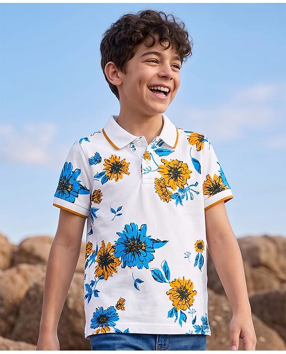 Pine Kids Cotton Knit T-Shirts Floral Print Polo Neck Snow White 4-5 Years