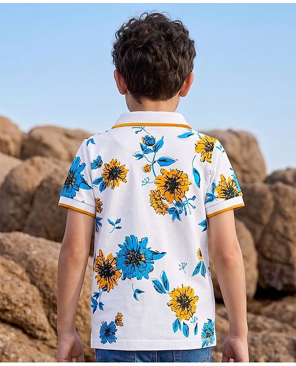 Pine Kids Cotton Knit T-Shirts Floral Print Polo Neck Snow White 4-5 Years