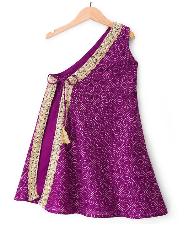 Pine Kids Woven Sleeveless Floral Foil Printed Kurti Salwar & Jacket - Purple
