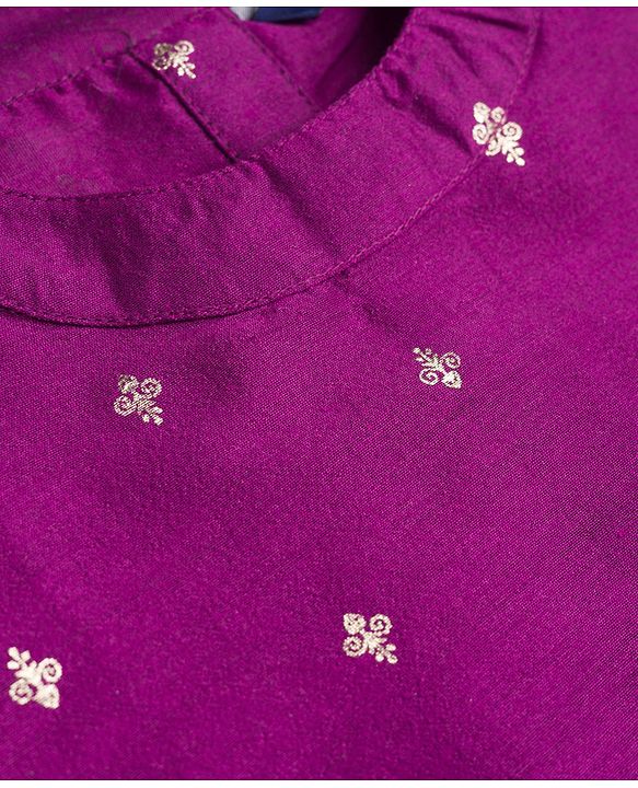 Pine Kids Woven Sleeveless Floral Foil Printed Kurti Salwar & Jacket - Purple