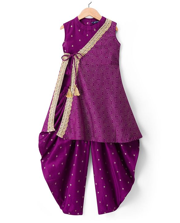 Pine Kids Woven Sleeveless Floral Foil Printed Kurti Salwar & Jacket - Purple