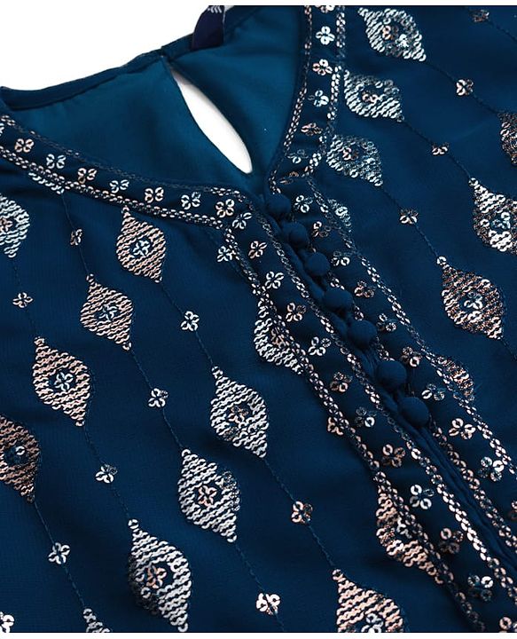 Pine Kids Woven Half Sleeves Kurti Gharara Set with Dupatta & Sequin Detailing - Navy Blue