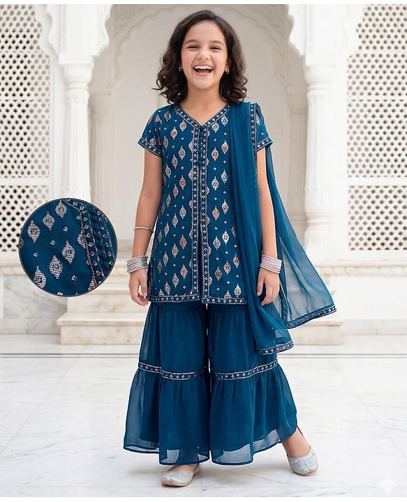 Pine Kids Woven Half Sleeves Kurti Gharara Set with Dupatta & Sequin Detailing - Navy Blue