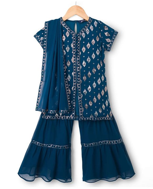 Pine Kids Woven Half Sleeves Kurti Gharara Set with Dupatta & Sequin Detailing - Navy Blue