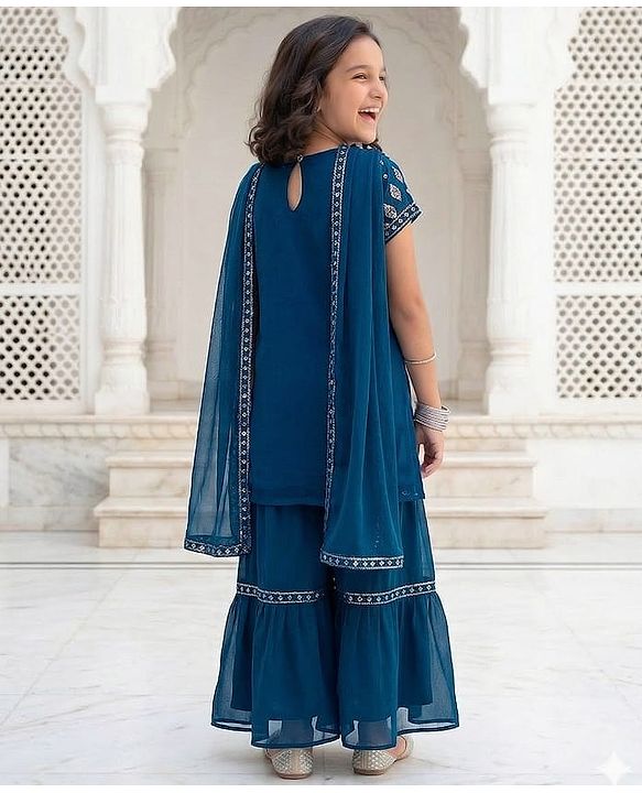 Pine Kids Woven Half Sleeves Kurti Gharara Set with Dupatta & Sequin Detailing - Navy Blue
