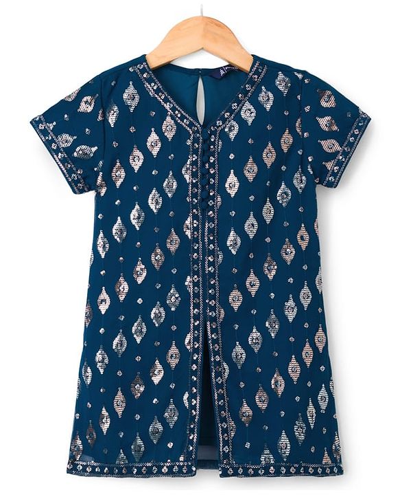 Pine Kids Woven Half Sleeves Kurti Gharara Set with Dupatta & Sequin Detailing - Navy Blue