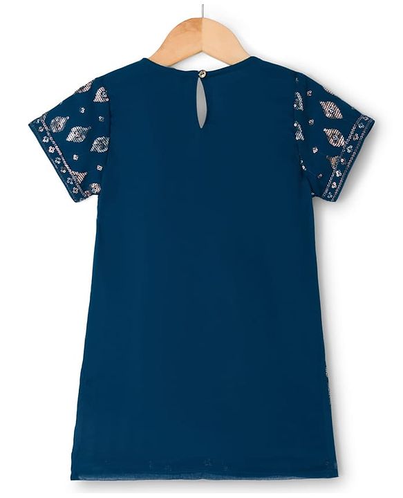 Pine Kids Woven Half Sleeves Kurti Gharara Set with Dupatta & Sequin Detailing - Navy Blue
